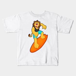 Lion as Surfer with Surfboard Kids T-Shirt